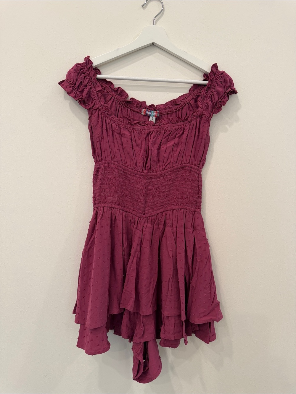 Urban Outfitters Raspberry Pink Off-Shoulder Smocked Tunic